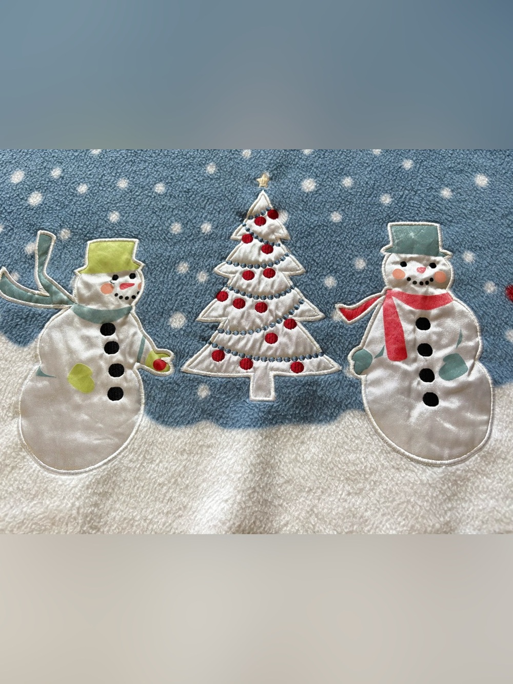Vintage Martha Stewart Christmas Fleece Blanket Satin Appliqué Snowmen 50x64